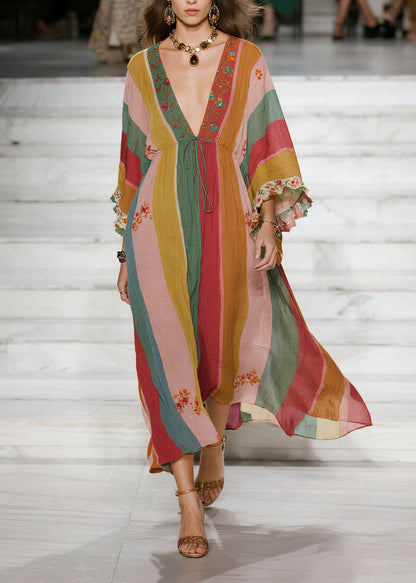 Style Colorblock Deep-v Neck Striped Cotton Holiday Dresses Spring