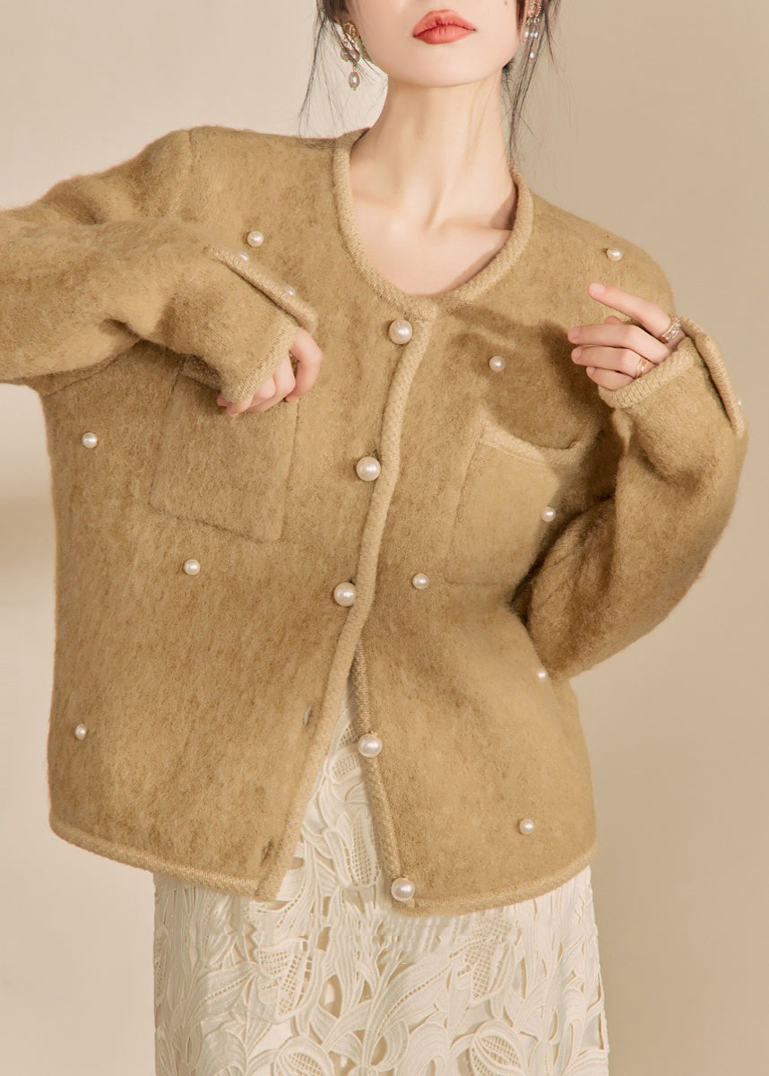 Yellow O Neck Pockets Button Woolen Coat Fall
