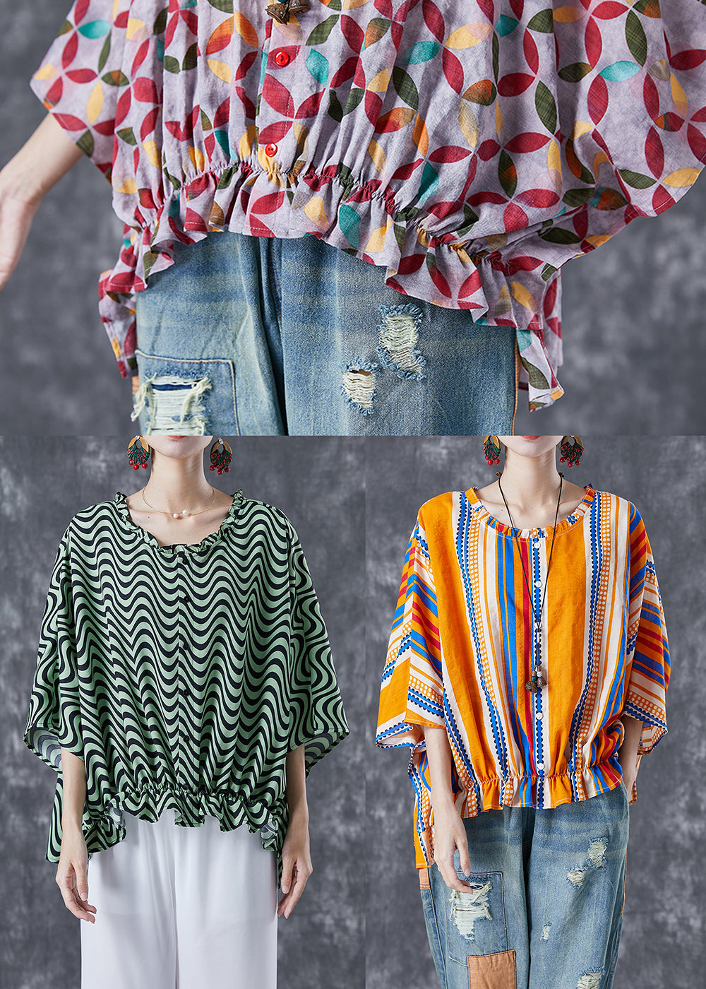 Yellow Oversized Striped Wrinkled Cotton Shirt Batwing Sleeve