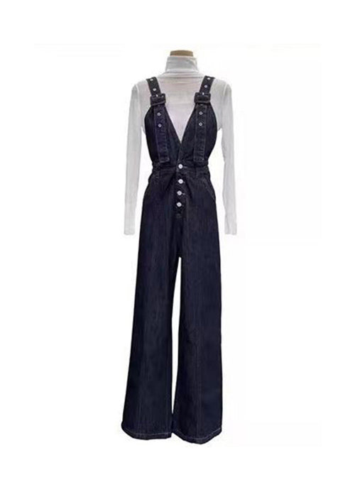 Navy Pockets Patchwork Denim Jumpsuits Spring