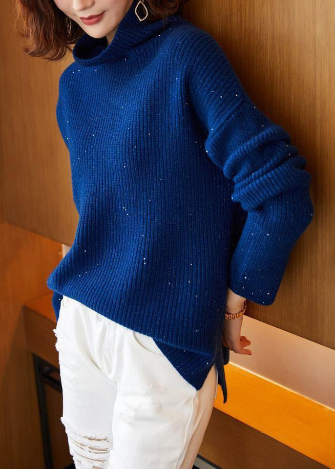 Blue Turtleneck Side Open Cotton Knit Sweaters Long Sleeve Spring
