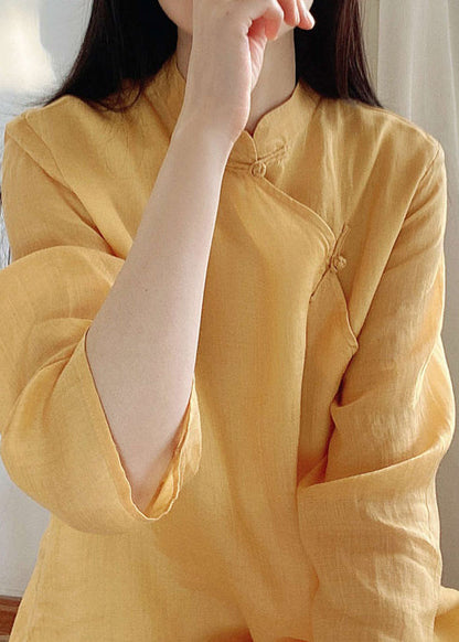 Yellow Stand Collar Button Cotton Shirt Tops Spring