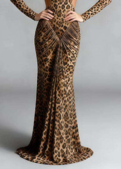 Silm Fit Leopard Print Backless Wrinkled Cotton Party Dress Spring