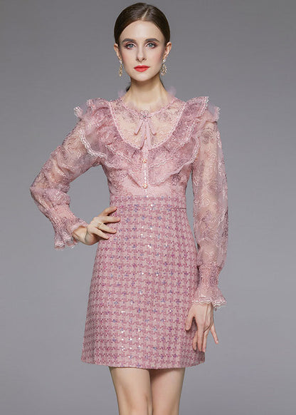 Pink Sequins Embroideried Patchwork Ruffles Dress Fall