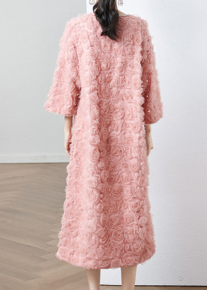 Stylish Pink V Neck Nail Bead Patchwork Tulle Dresses Fall