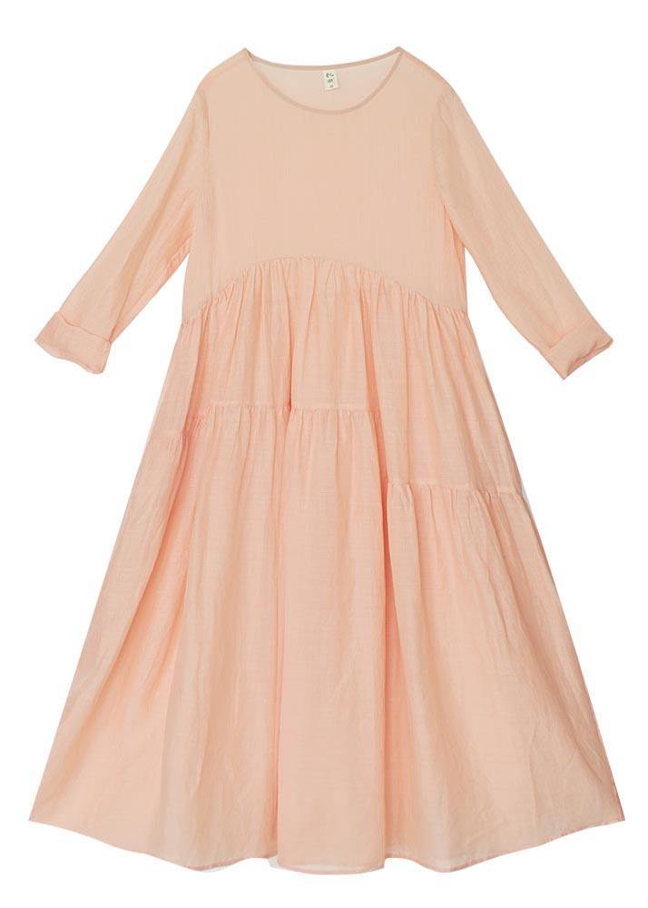 Modern Pink Patchwork Linen Asymmetrical Design Summer Ankle Dress