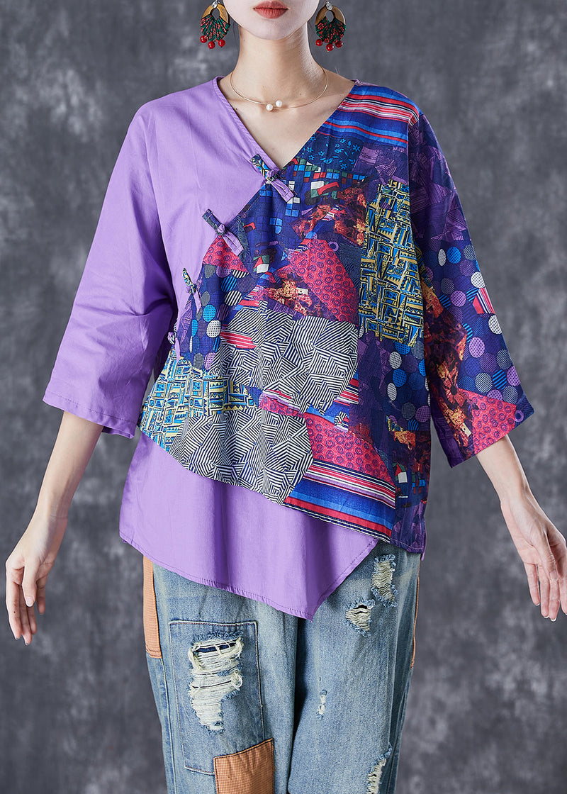 Purple Asymmetrical Print Linen Shirt Tops Summer