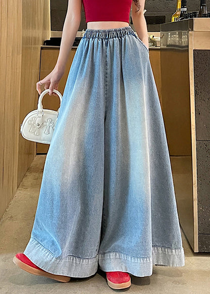 Blue Elastic Waist Pockets Wide Leg Jeans