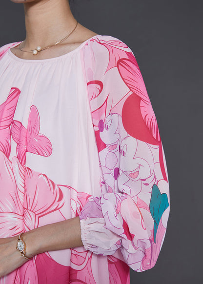 Pink Oversized Print Chiffon Long Dress Summer