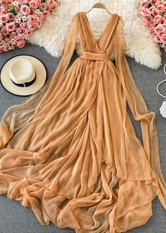 Italian Yellow V Neck Tunic Chiffon Maxi Beach Dress Short Sleeve Summer