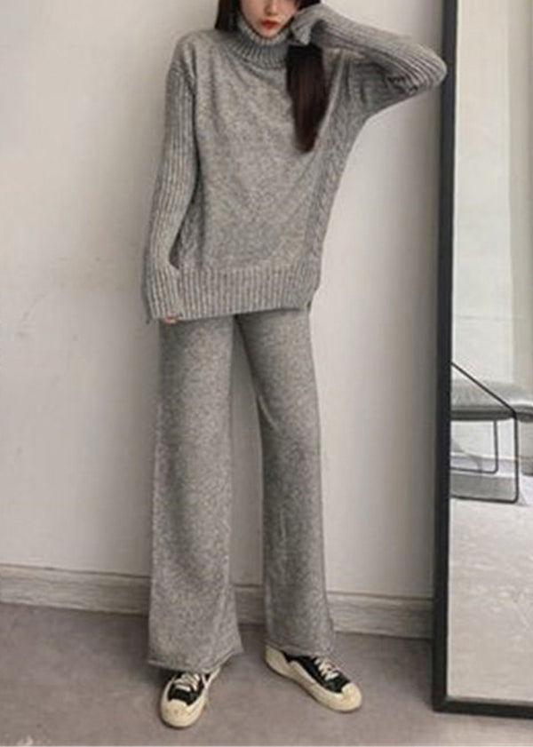French Apricot Hign Neck Tops and Pants Knit Two Pieces Set Autumn