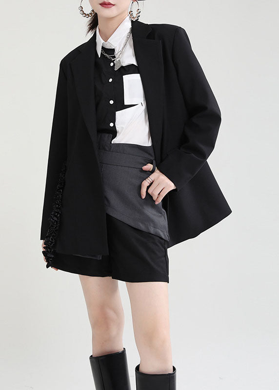 Fitted Black Peterpan Collar Patchwork Asymmetrical Design Fall Long Sleeve Coat