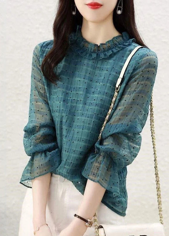 Peacock Green Stand Collar Ruffled Dot Print Chiffon Tops Flare Sleeve