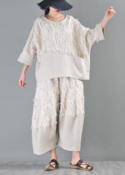 Boutique Beige Patchwork Batwing Sleeve Cotton Linen Top Summer