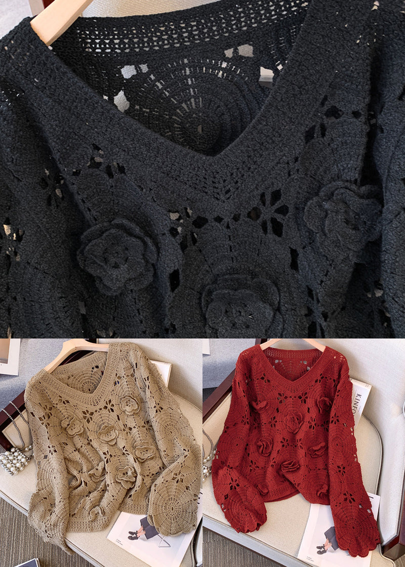 Black Three-dimensional Knit Pullover Hollow Out Fall