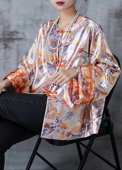 Apricot Oversized Print Silk Oriental Coats Spring