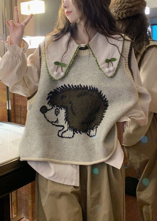 Grey O-neck Animal Print Cotton Knit Waistcoat Fall