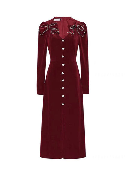 Red V Neck Bow Tie Waist Patchwork Velour Long Dress Fall
