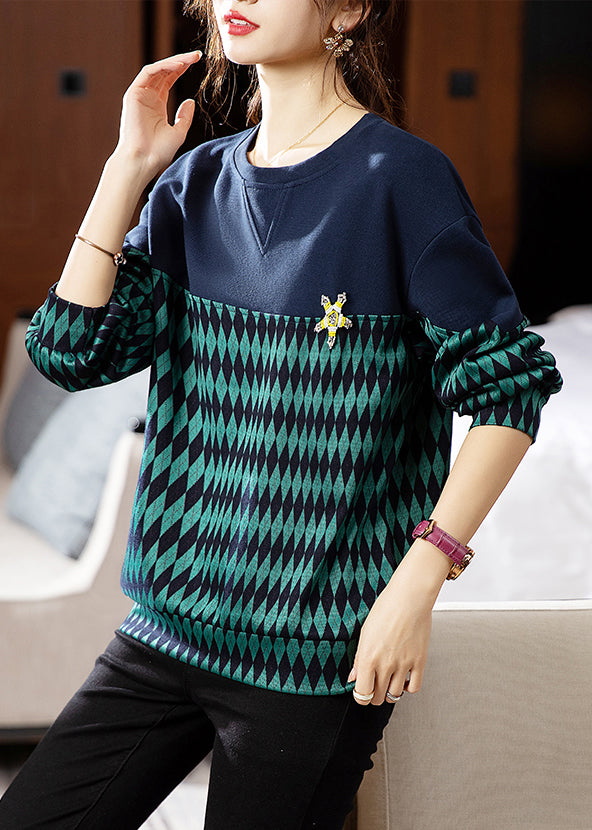 Green O Neck Print Patchwork Cotton Sweatshirt Fall