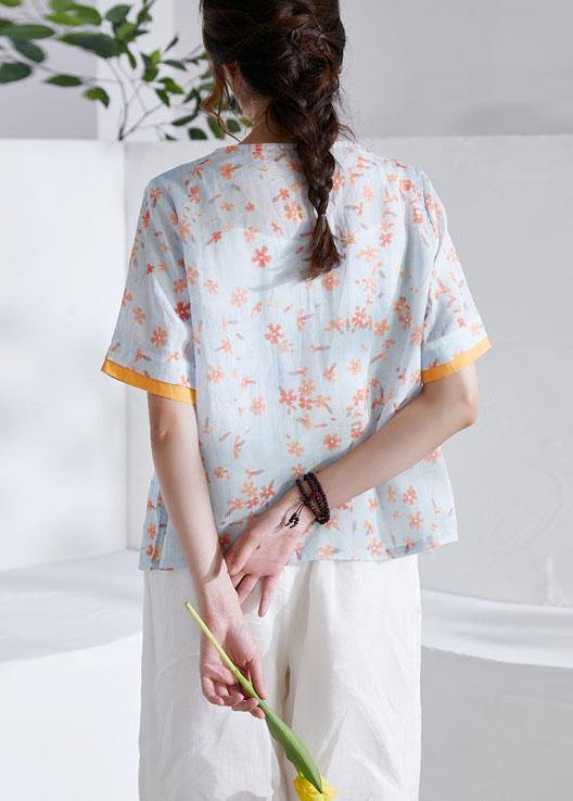 Modern Orange V-neck Patchwork Print Summer Ramie Top