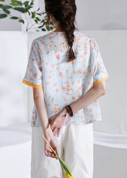 Modern Orange V-neck Patchwork Print Summer Ramie Top