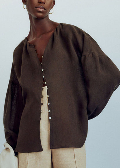 Chocolate V Neck Patchwork Low High Design Shirts Lantern Sleeve
