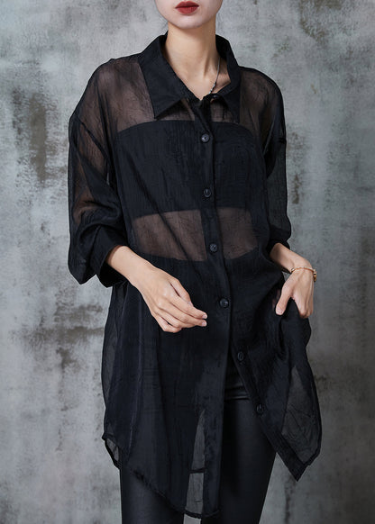 Black Oversized Back Hollow Out Tulle Long Shirts Summer