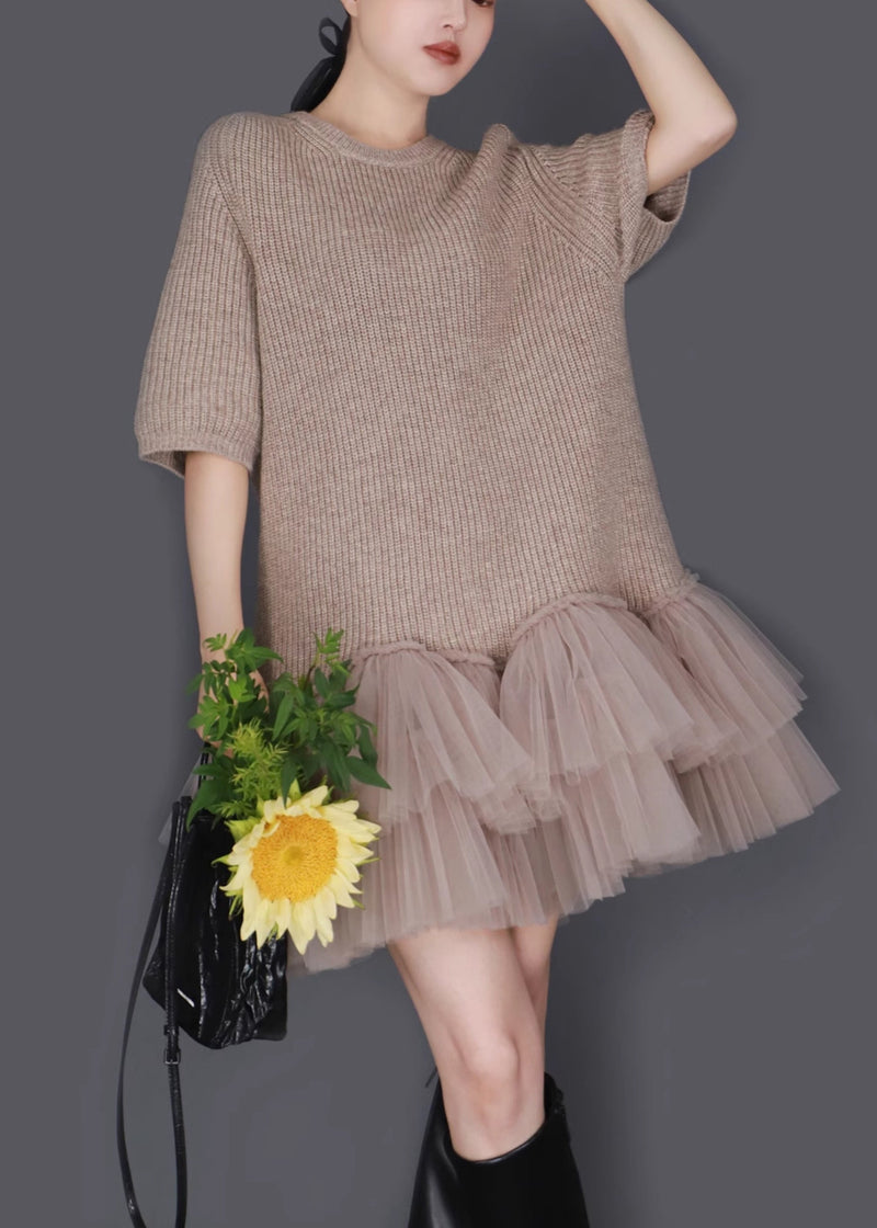 Oatmeal Color O Neck Wrinkled Tulle Patchwork Knit Sweater Dress