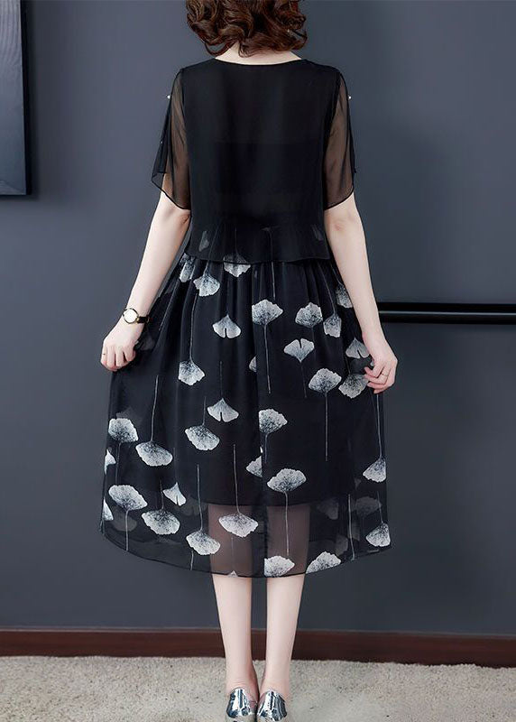Black Hollow Out Patchwork Silk Fake Two Piece Dress Summer