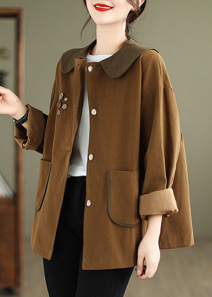 Chocolate Peter Pan Collar Patchwork Cotton Coat Spring