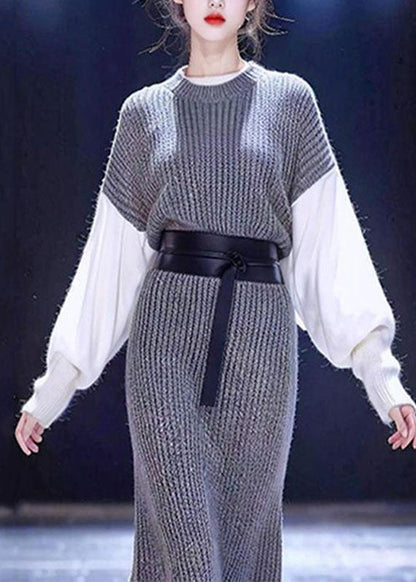 Grey O-neck Patchwork Tie Waist Cotton Knit Sweater Dress Long Sleeve