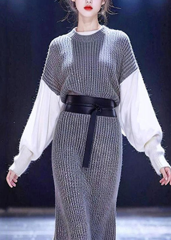 Grey O-neck Patchwork Tie Waist Cotton Knit Sweater Dress Long Sleeve