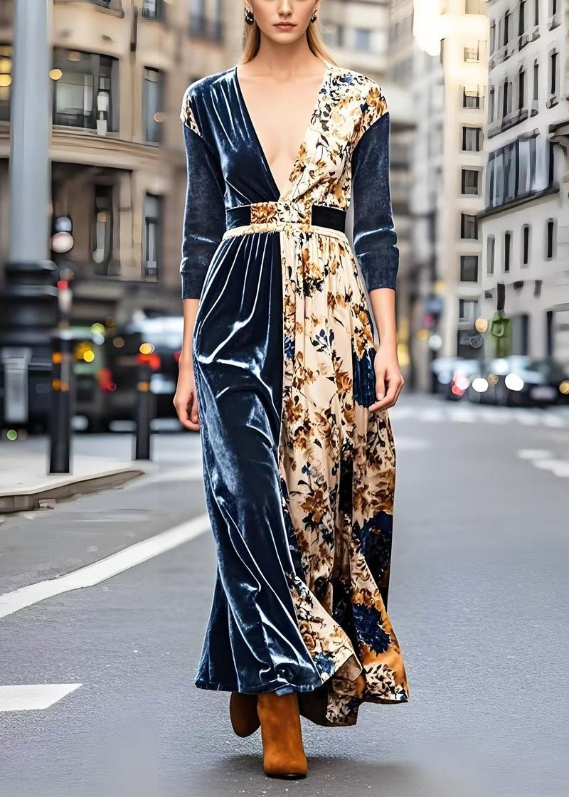 Navy V Neck Patchwork Print Silk Velour Dresses Spring