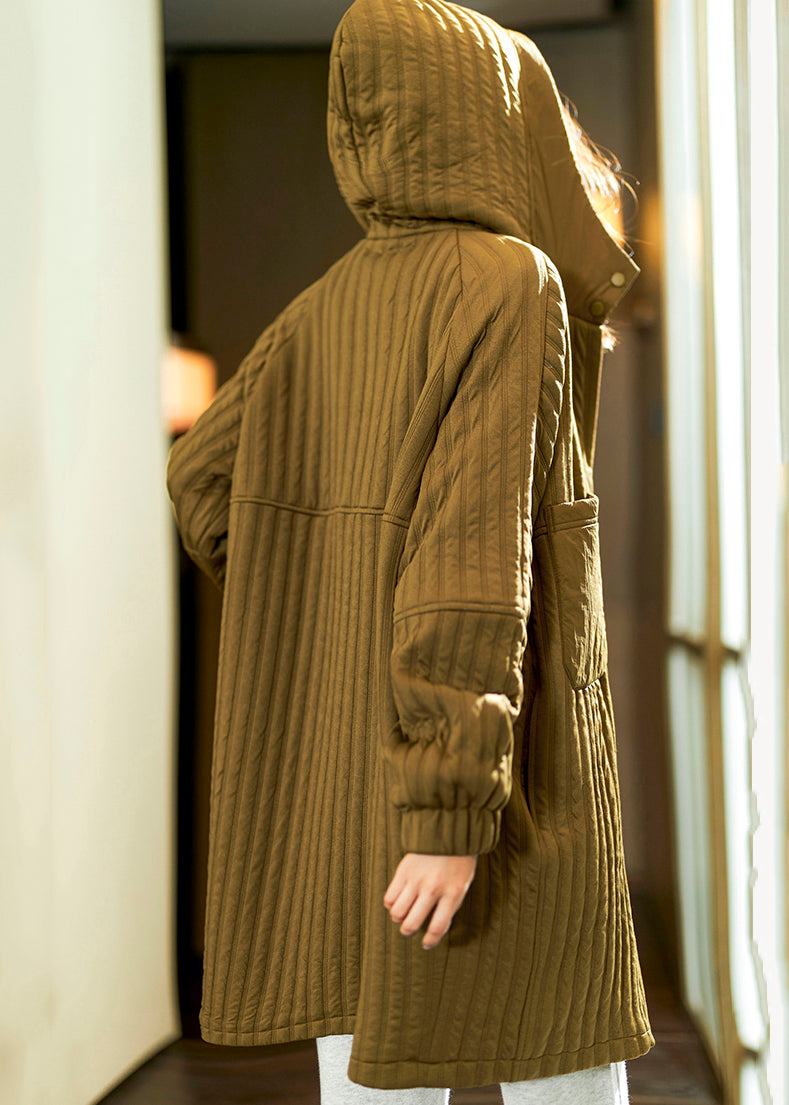 Dark Green Zippered Hooded Pockets Fine Cotton Filled Coat Winter