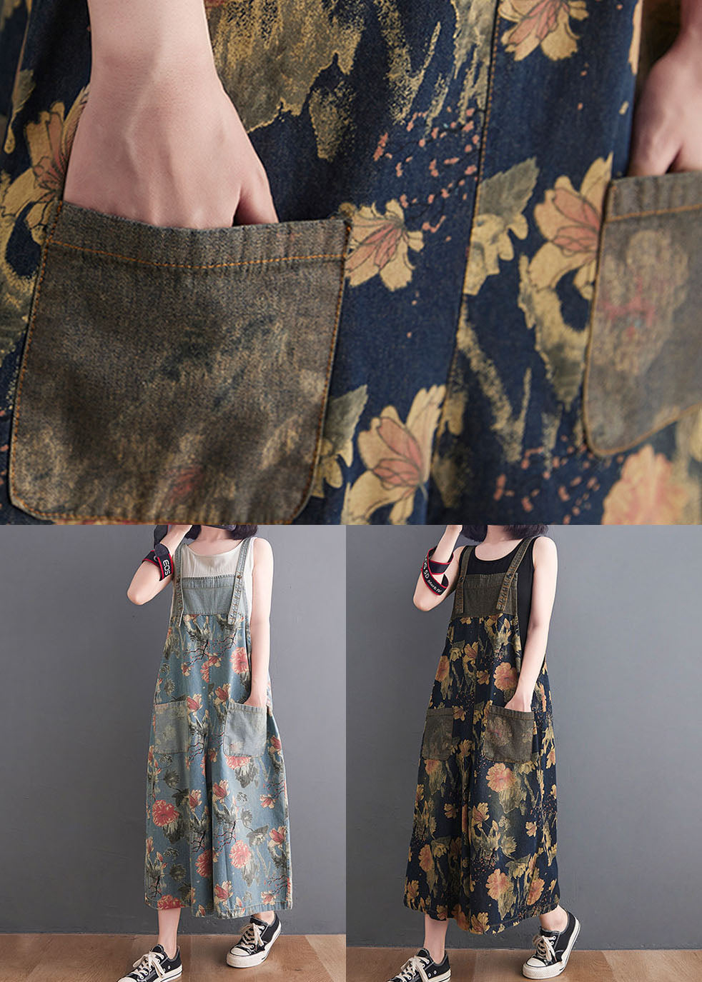 Diy Navy Print Pockets Patchwork Denim Jumpsuits Summer