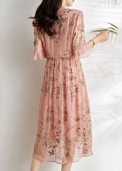 French Pink Embroideried Patchwork Wrinkled Tulle Dress Summer