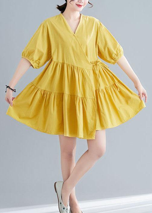 Diy Yellow Button Asymmetrical Design Summer Cotton Dress
