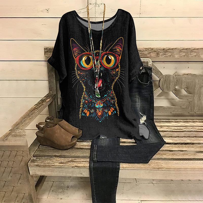 Women's Retro Oil Painting Pop Cat Round Collar T-shirt elevenforest