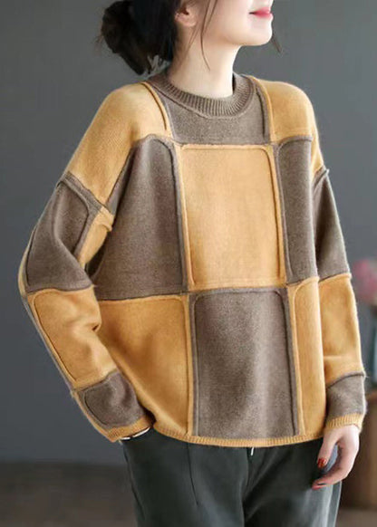 Yellow O-neck Patchwork Knit Top Long Sleeve
