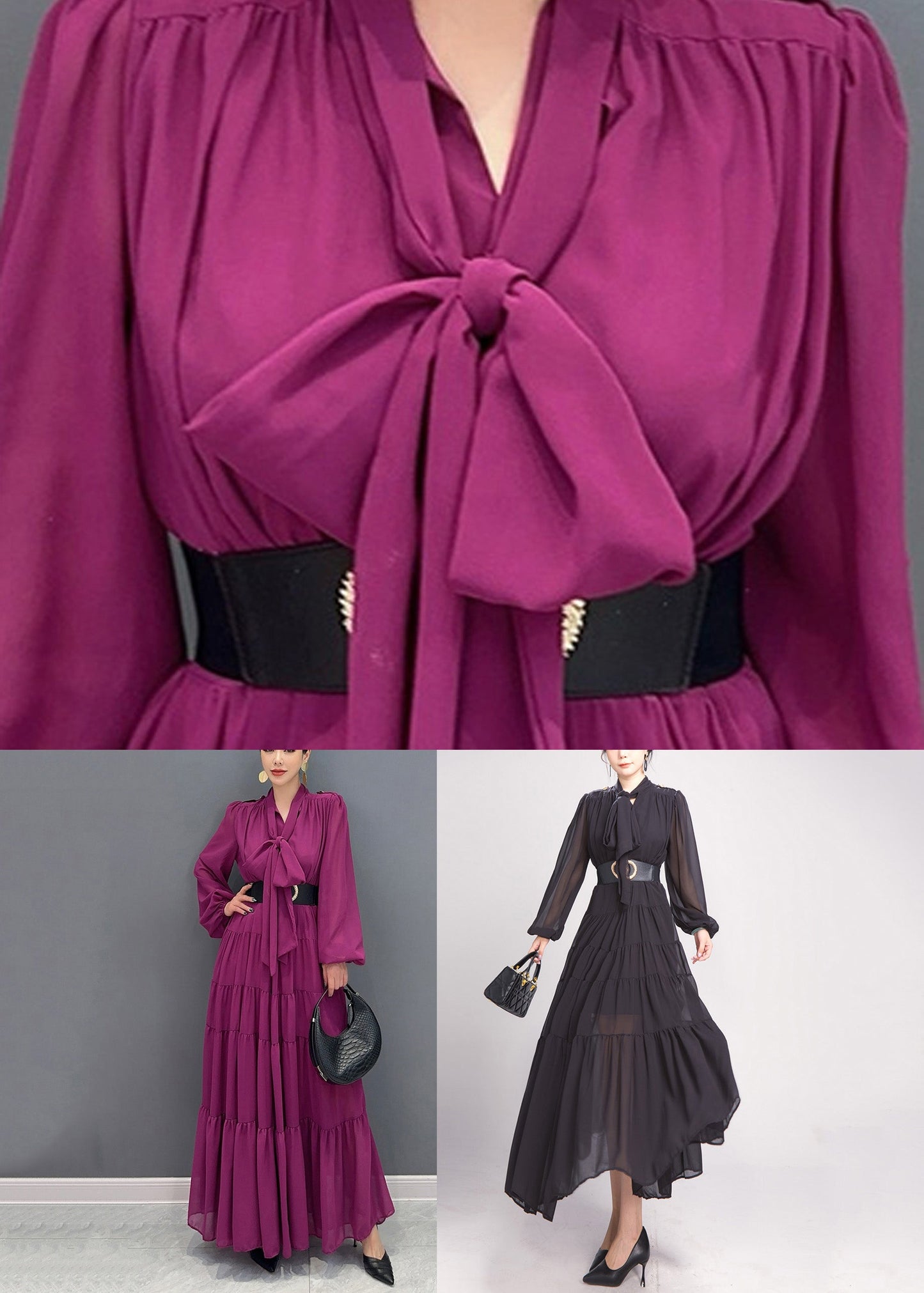 Purple V Neck Patchwork Party Chiffon Long Dress Fall