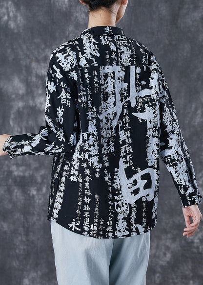 Black Print Chinese Button Cotton Shirt Spring