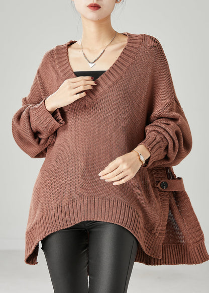 Cozy Khaki Oversized Side Open Knit Tops Spring