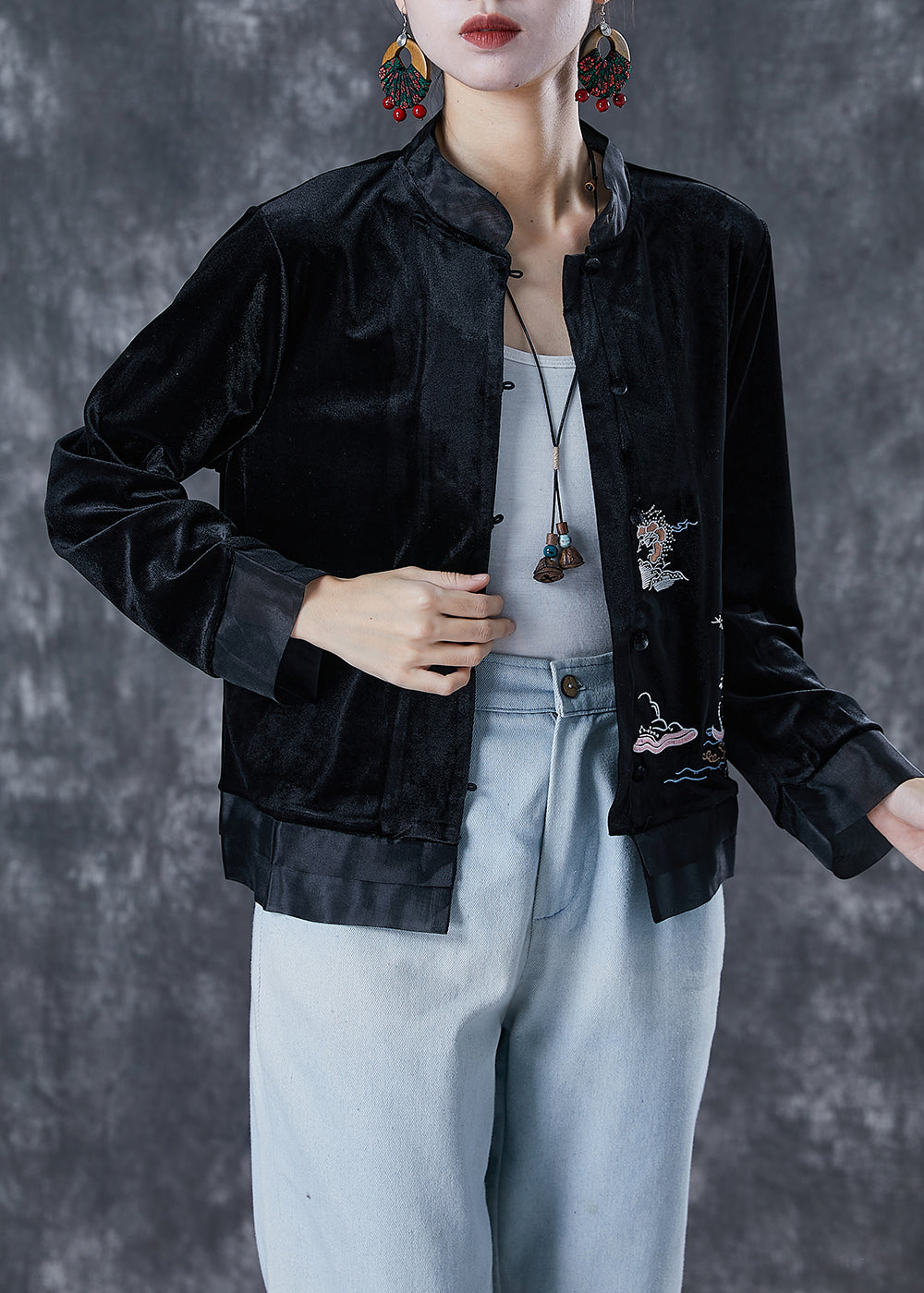Art Black Embroideried Patchwork Silk Velour Jacket Fall