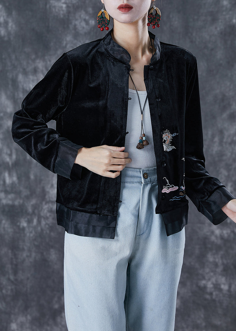 Art Black Embroideried Patchwork Silk Velour Jacket Fall