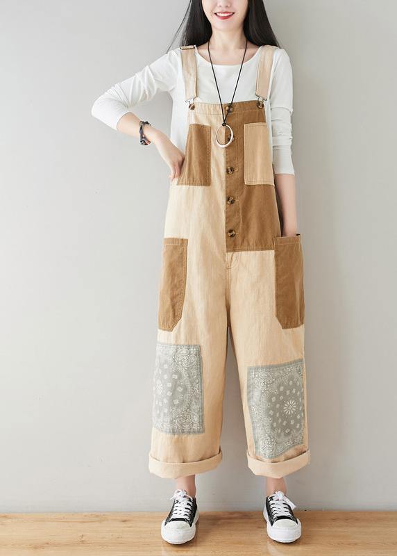 Beige Patchwork Jeans Jumpsuit