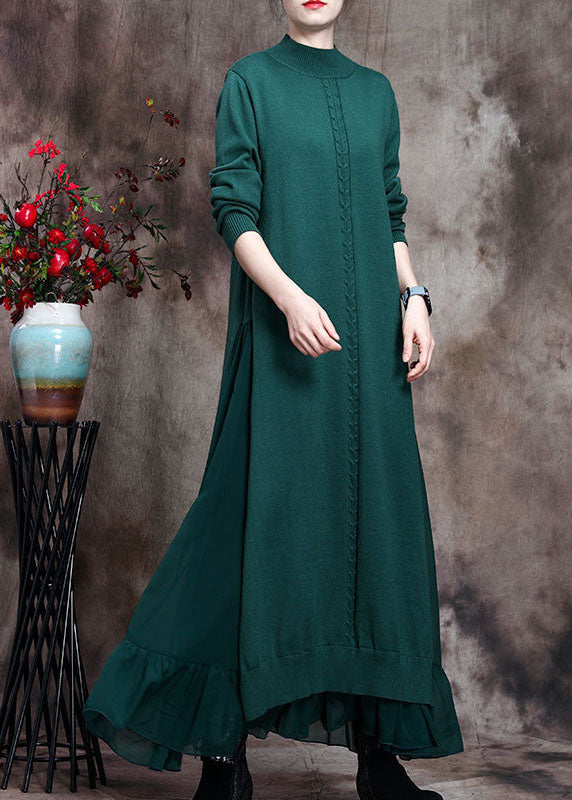 Green Stand Collar Asymmetrical Design Fall Knit Sweater Dress