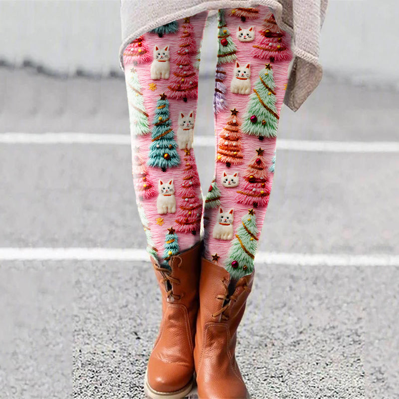 Christmas Tree Cat Print Casual Leggings elevenforest