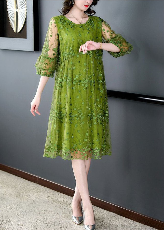 Green O Neck Embroidered Patchwork Tulle Mid Dress Summer