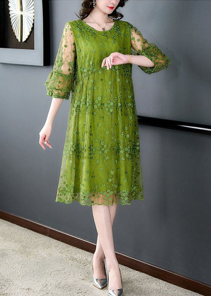 Green O Neck Embroidered Patchwork Tulle Mid Dress Summer