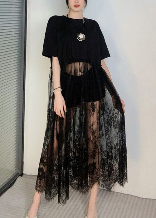 Black Hollow Out Lace Patchwork T Shirt Dress Summer